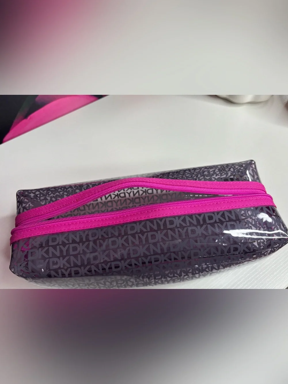 Women’s Pink Accent Gray DKNY Logo Cosmetic Pouch